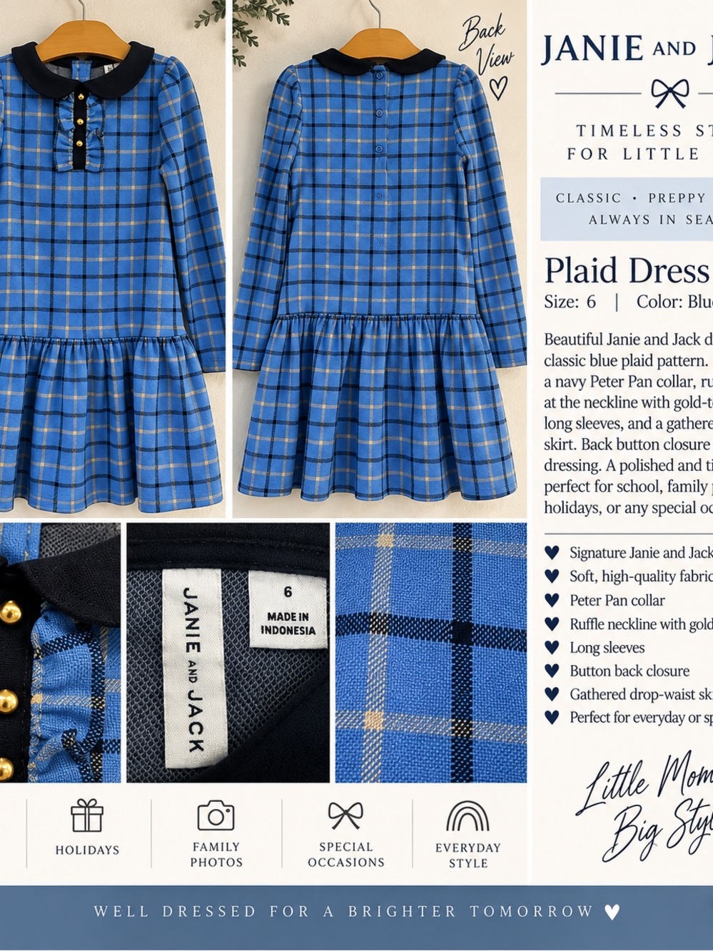 Janie and Jack Navy-Trim Blue Plaid Peter Pan Collar Dress